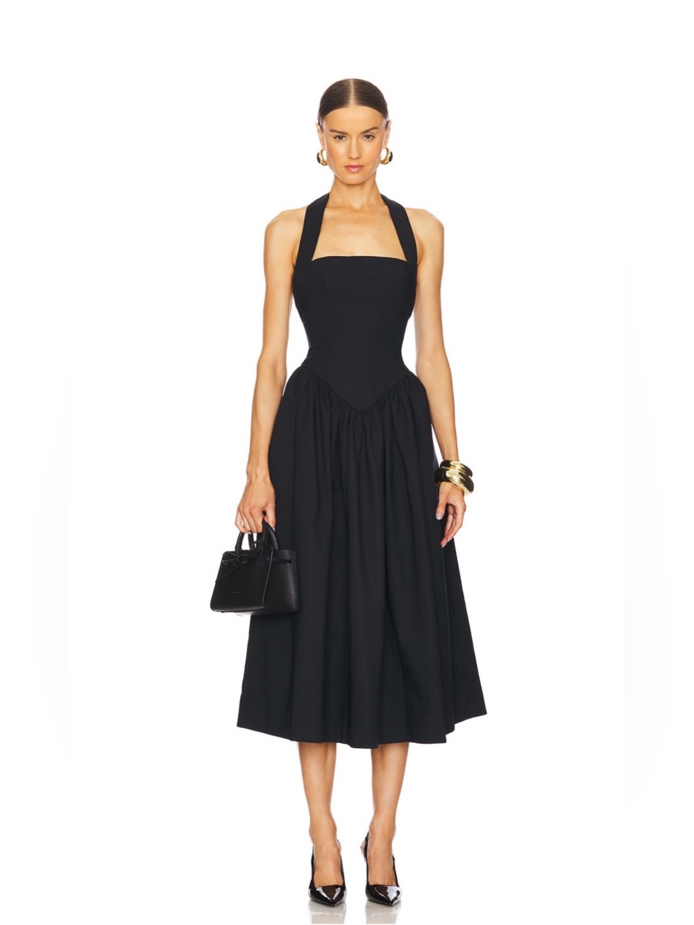 New Helsa Faille Halter elegant chic Black Midi Dress